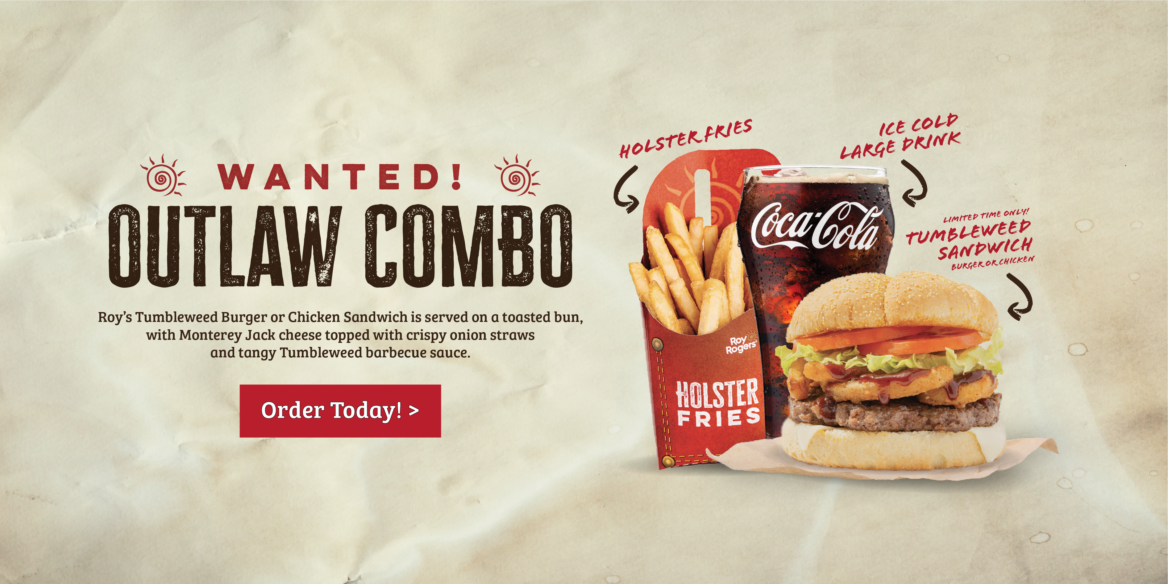 Picture of Tumbleweed Burger, Holster Fries, and Large Beverage in a combo meal