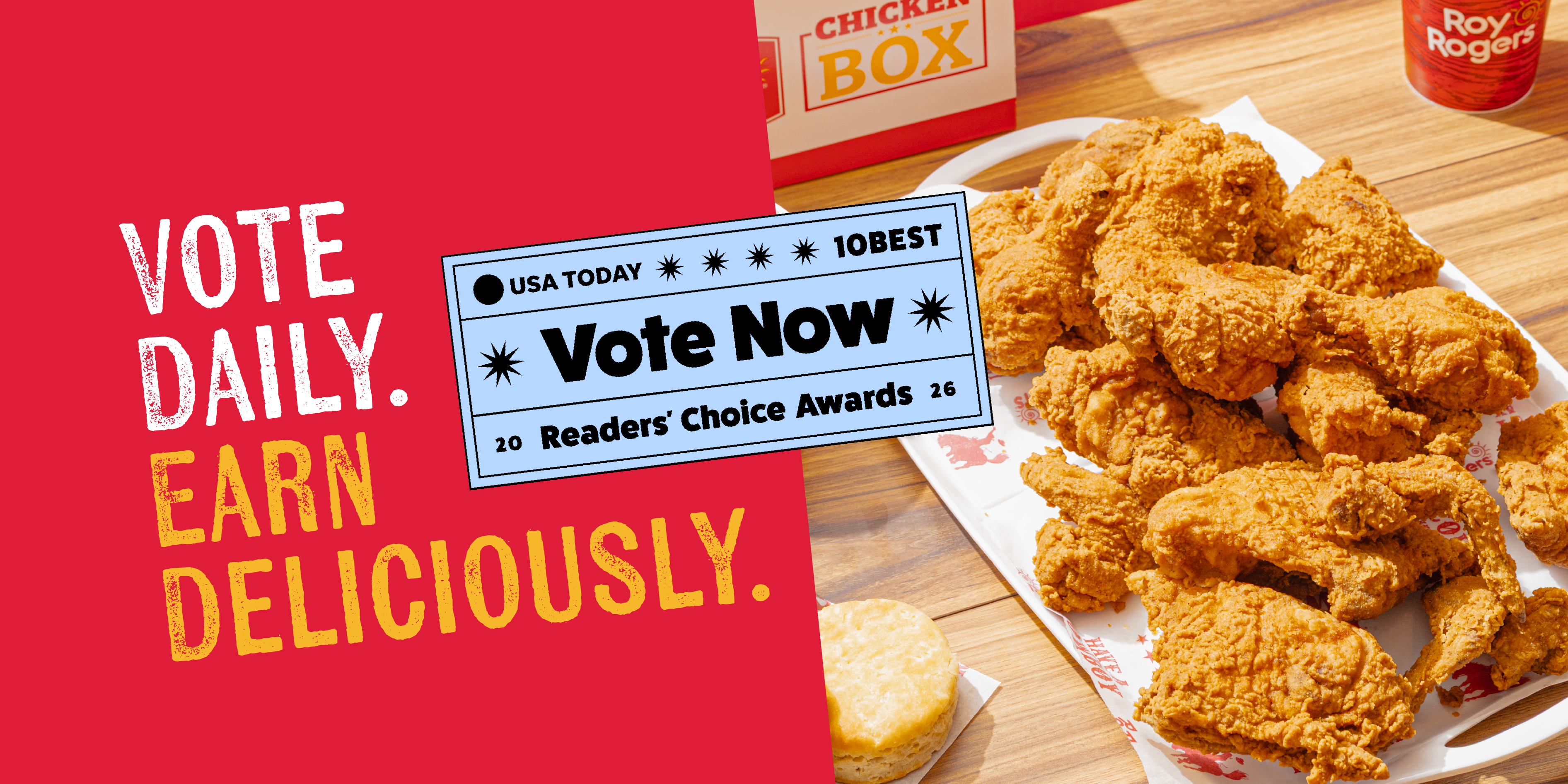 Picture of Roy Rogers Fried Chicken with a prompt to vote for best fried chicken.